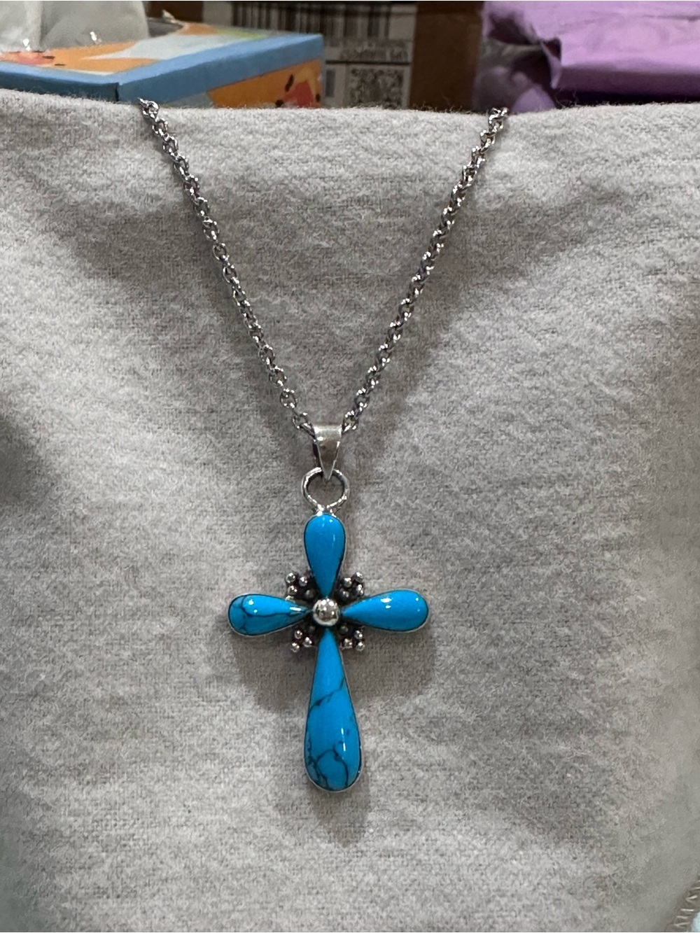 New Sterling Silver Turquoise Cross Pendant Necklace